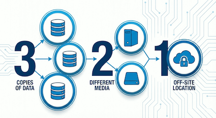 Diagram illustrating the 3-2-1 Data Backup Rule: 3 copies of data, on 2 different media types, with 1 off-site location.