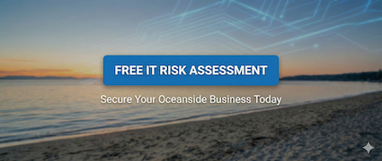 Wide banner image with the words "Free IT Risk Assessment" to secure Oceanside and RDN businesses, set against a local beach background.