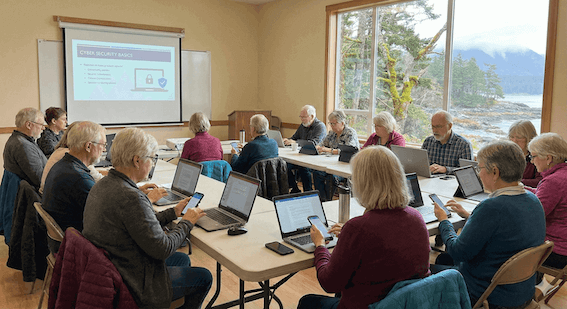 Seniors attending a technology workshop presentation