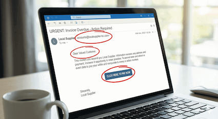 Laptop screen showing a phishing email from a fake RDN supplier, with red circles highlighting a suspicious sender address and urgent payment link.