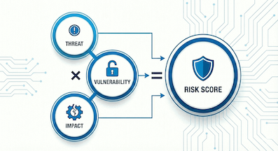 Infographic showing the IT Risk Formula: Threat times Vulnerability times Impact equals Risk Score.