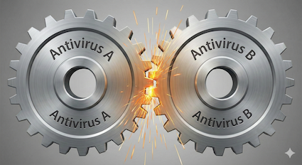 Illustration showing how running two antivirus programs causes software conflicts and system crashes.