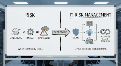 A whiteboard diagram illustrating the concept that Risk is calculated by likelihood multiplied by impact, resulting in a bad event. It contrasts this with IT Risk Management, defining it as a plan that ensures business continuity when technology fails.
