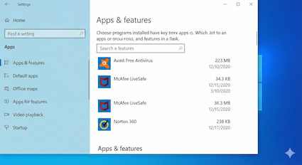Windows settings menu showing multiple conflicting antivirus programs installed on a single PC.