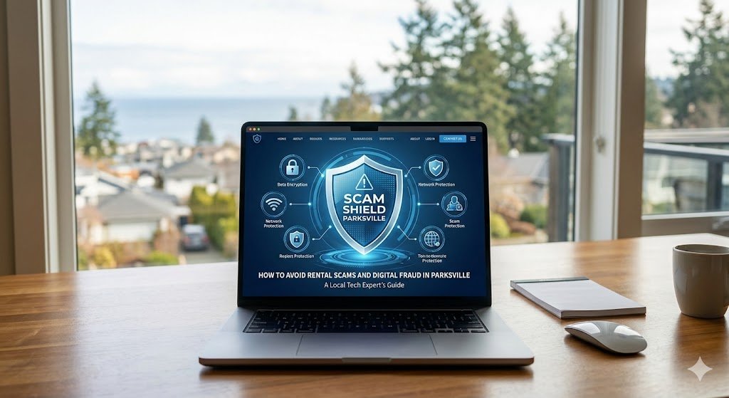 Digital security shield icon overlay on a laptop computer in a Parksville home office.